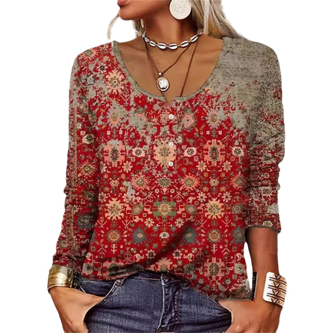 Long Sleeved Geometric Flower Mang U-neck Button Up T-shirt For Women