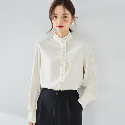 New Elegant French Chiffon Shirt Ruffled Collar Top