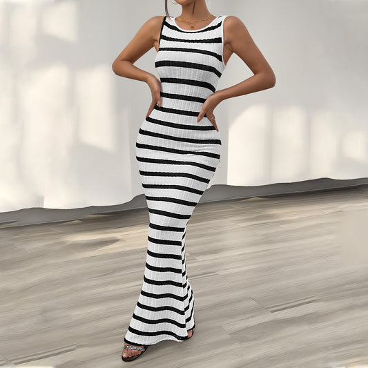 Women's Fashion Temperament Leisure Slim Striped Sleeveless Dress