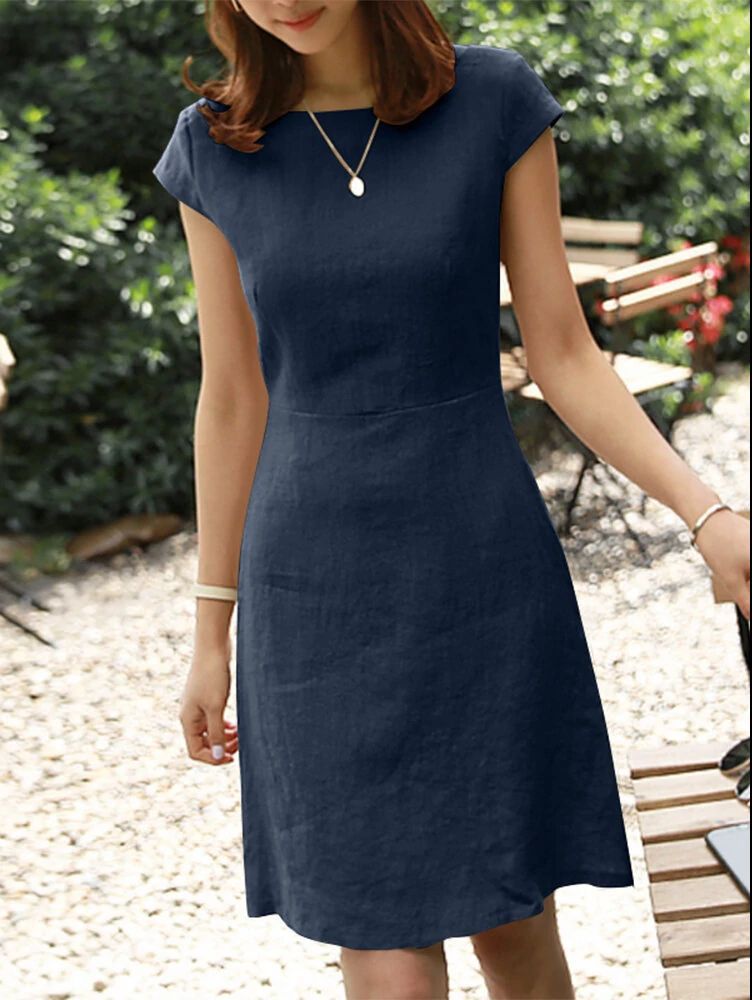 Back Large V Hollow Round Neck Solid Color Short Sleeve Cotton And Linen Dress