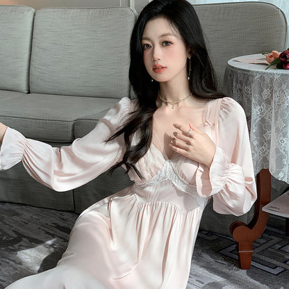 Summer Silk Ice Sweet Lace Ribbon Chest Pad Nightdress