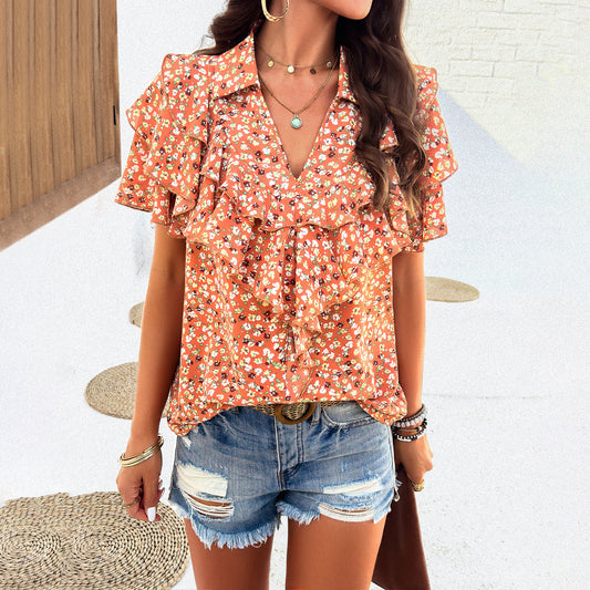 Women's Elegant Printed Ruffled Top