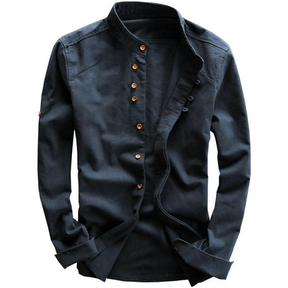 Chemise en lin décontractée pour hommes, col montant de style chinois