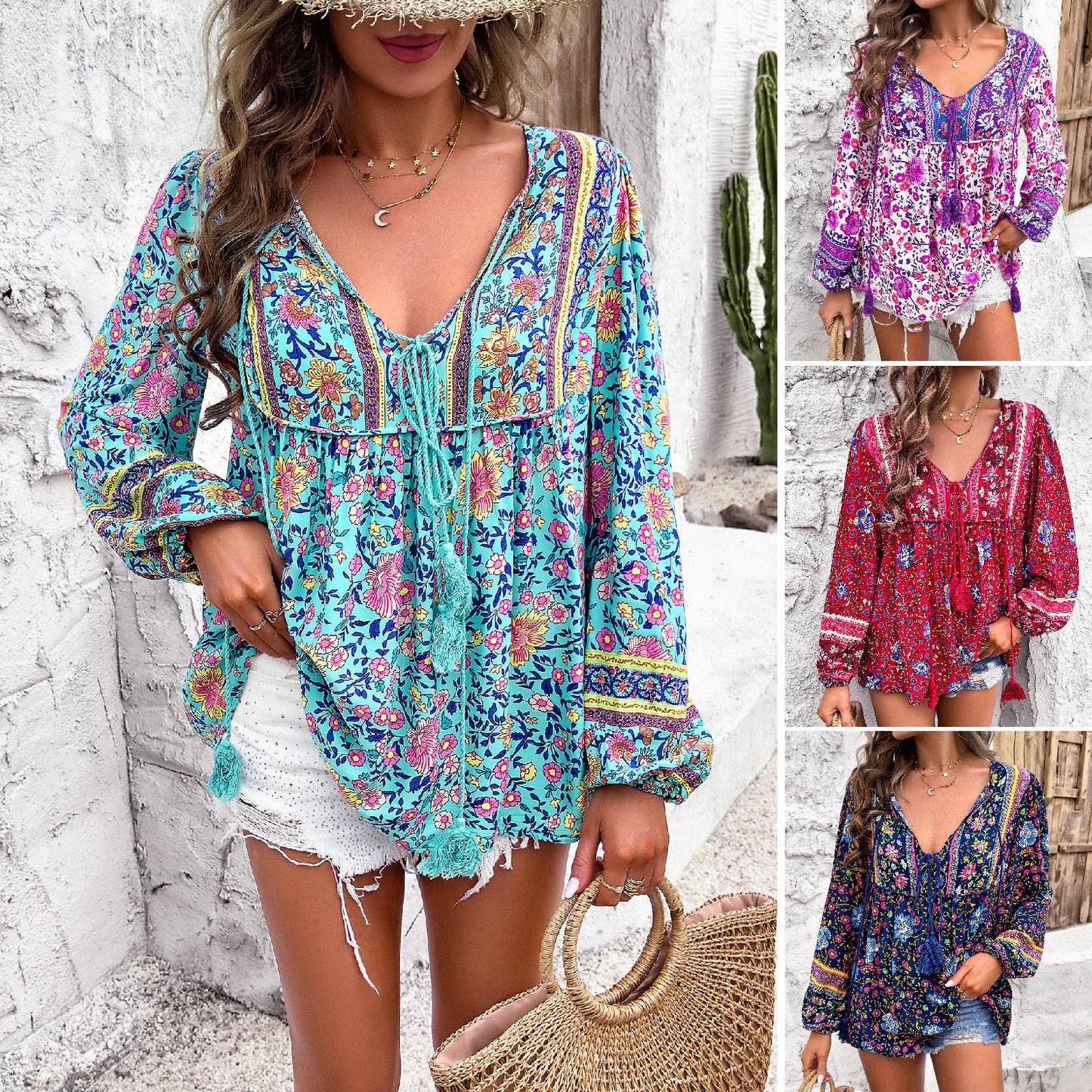 Women's Holiday Floral Print Long Sleeve Shirt