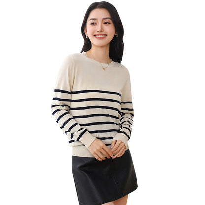 Women's Fashionable Round Neck Striped Cotton Sweater