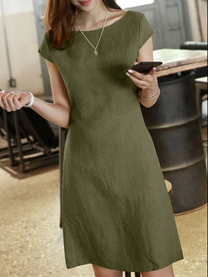 Back Large V Hollow Round Neck Solid Color Short Sleeve Cotton And Linen Dress