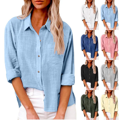 Pocket Split Cotton And Linen Long-sleeved Shirt