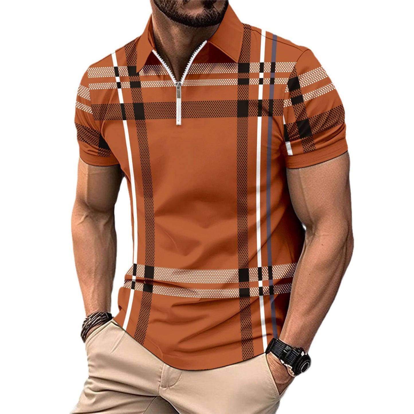 Men's Printed Plaid Striped Polo Shirt