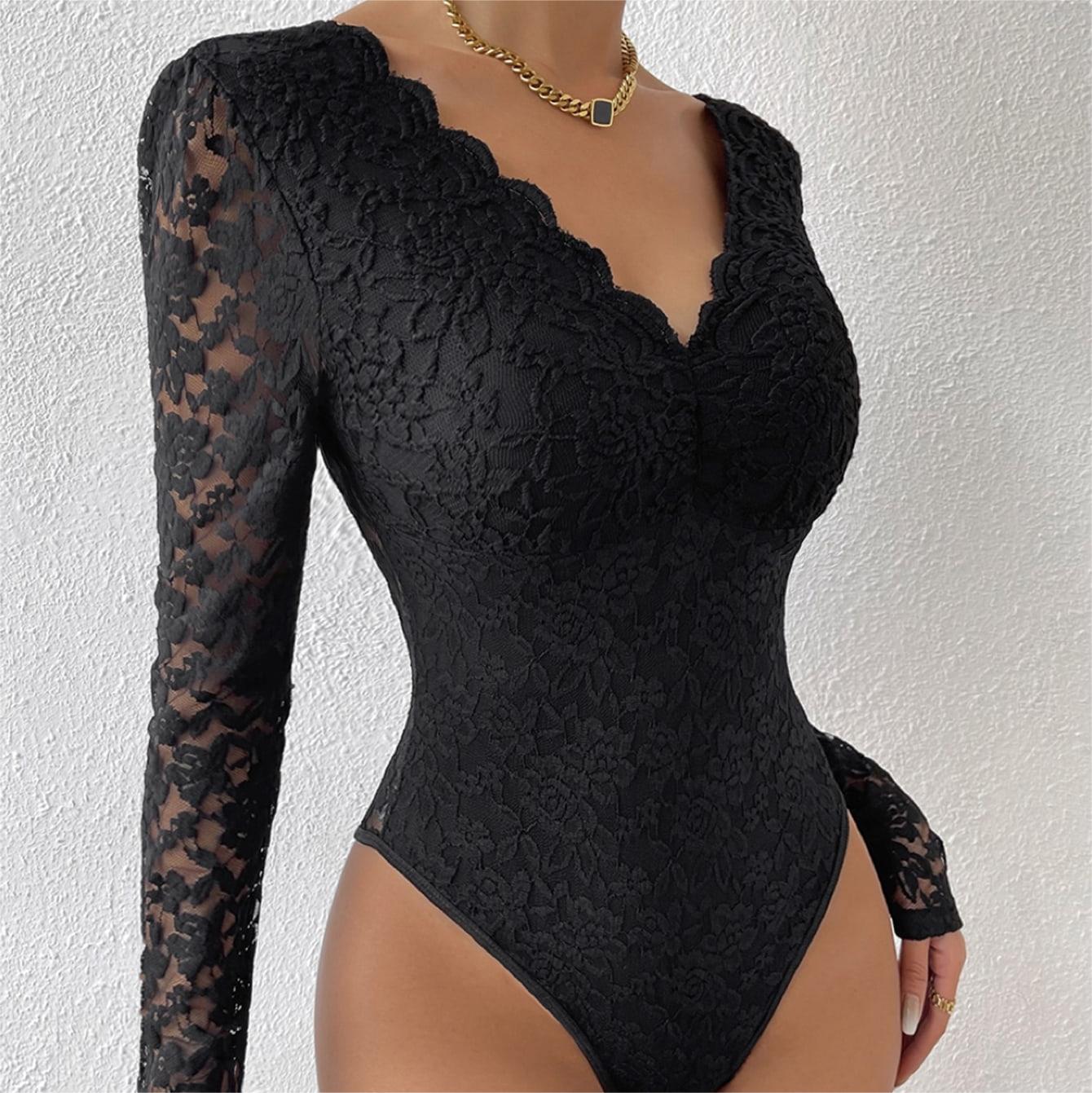 Solid Color Lace Long Sleeve Hot Girl See-through Slim-fit Jumpsuit