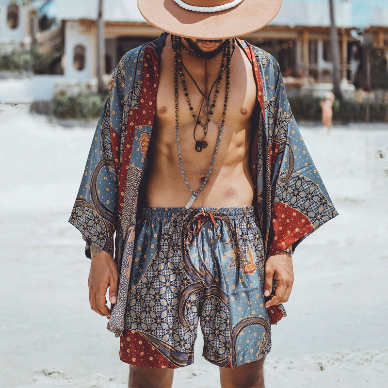 Men's Casual Printed Cardigan Shorts Two-piece Set