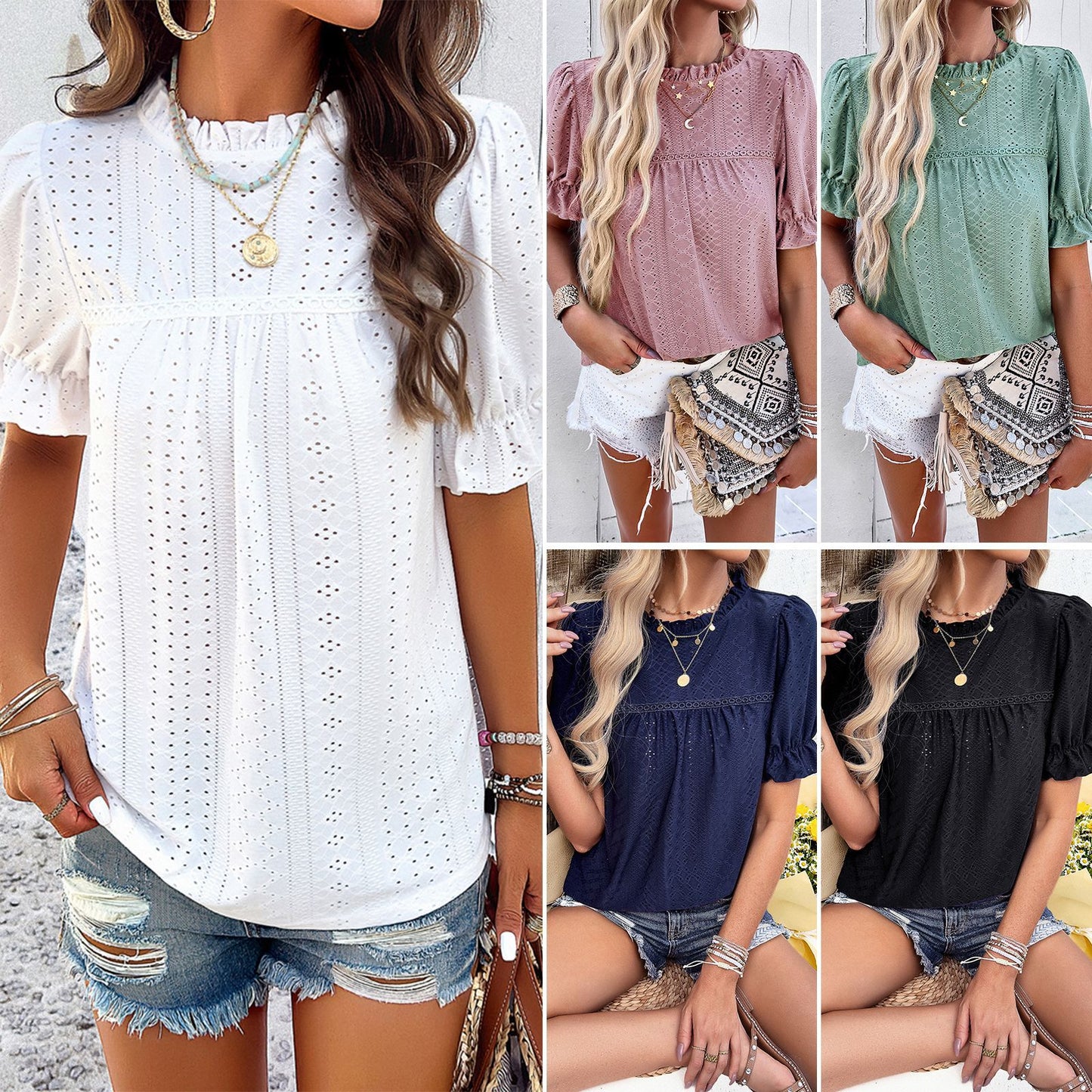 Women's Solid Color Short-sleeved Hollow-out Top