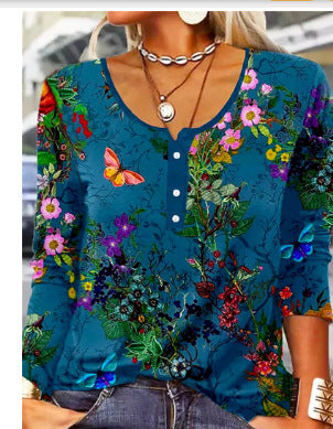 Long Sleeved Geometric Flower Mang U-neck Button Up T-shirt For Women