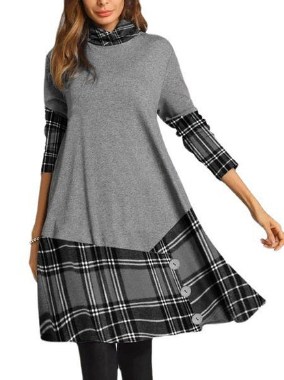 Women's Button Irregular Long Sleeve Plaid Stitching Long Sleeve Dress