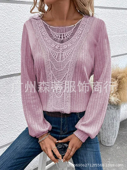 Women's Long-sleeved T-shirt Stitching Lace Top