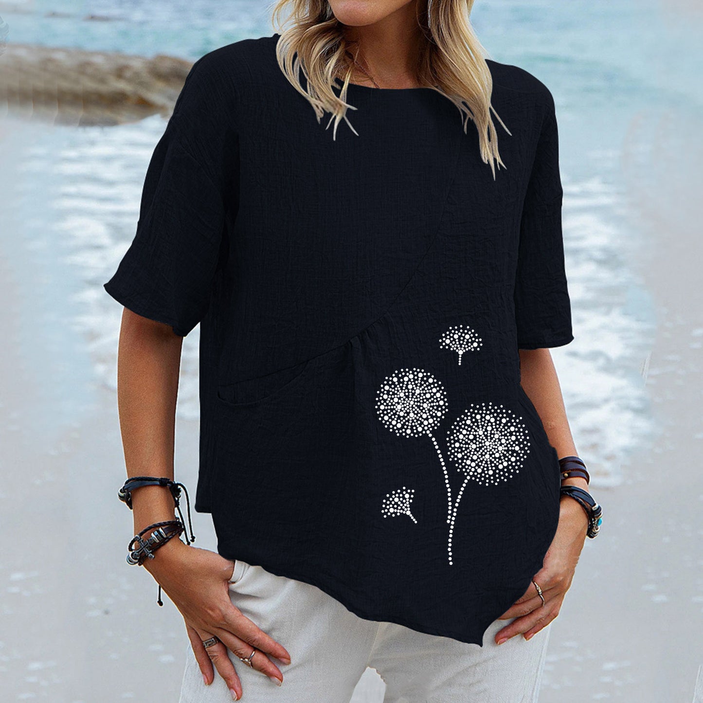 Dandelion Printed Pocket Retro Collapsed Short Sleeve Round Neck Shirt