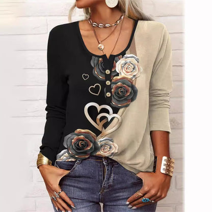 Long Sleeved Geometric Flower Mang U-neck Button Up T-shirt For Women