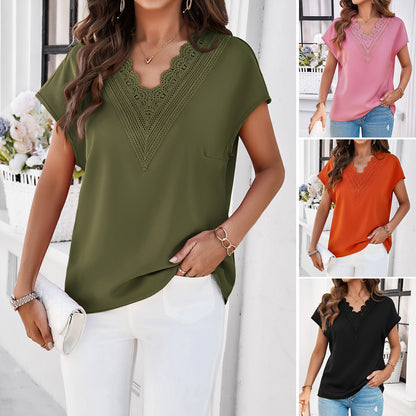 Women's Solid Color And V-neck Short-sleeved Shirt