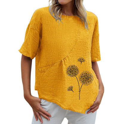 Dandelion Printed Pocket Retro Collapsed Short Sleeve Round Neck Shirt