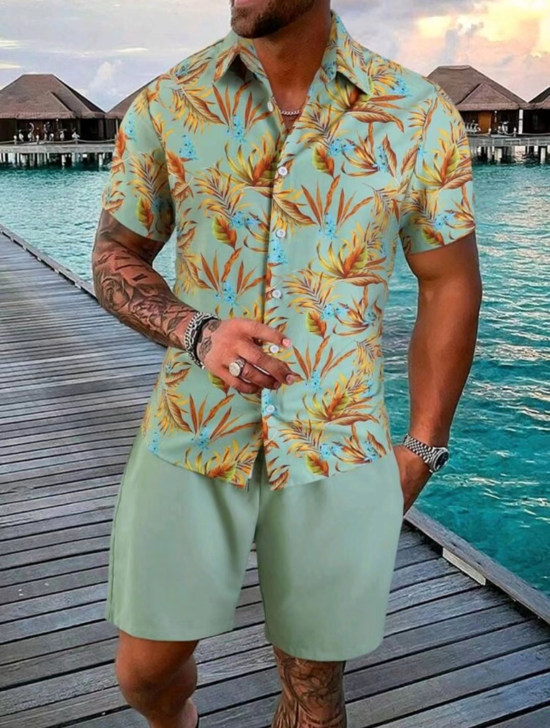 Men's Casual Loose Short Sleeved Shorts Beach Set