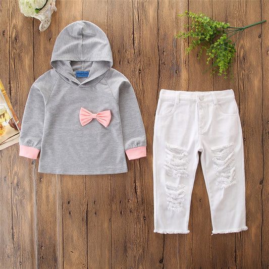 Spring And Autumn New Style Long-sleeved Gray Hooded Top And White Ripped Pants