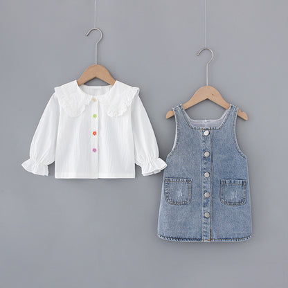 Two-piece Baby Girl Big Lapel Shirt Denim Strap Skirt