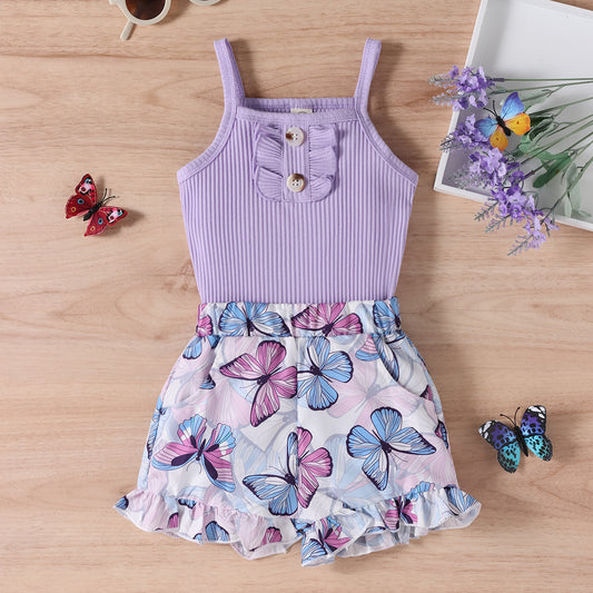 Ensemble deux pièces avec short papillon à rayures et bretelles violettes