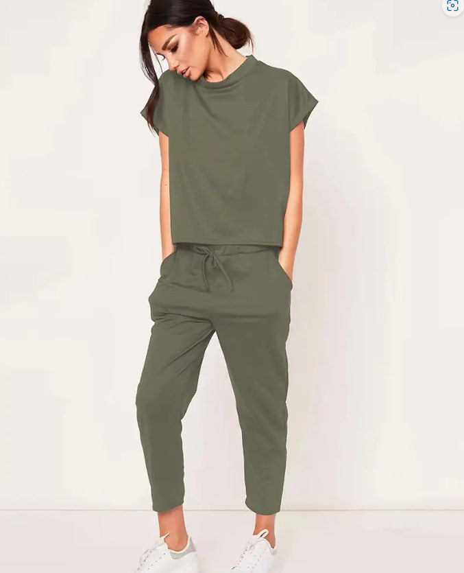 Short Sleeve Round Neck Top And Drawstring Cropped Pants Set