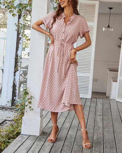 Polka Dot Print Shirt Collar Large Swing Dress