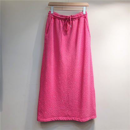 Starry Heavy Embroidery Hot Drilling Elastic Waist Split A- Line Skirt Women