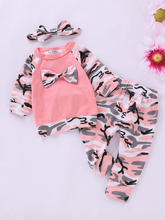 Girls Bow Camouflage Stitching Headwear Suit