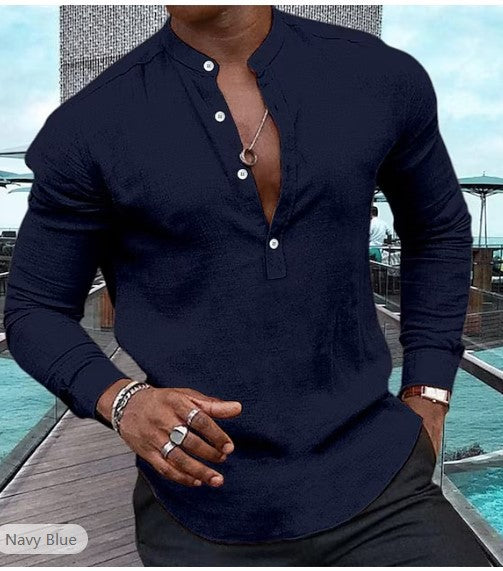 Chemise pour hommes décontractée à manches longues couleur unie coton lin Henley haut