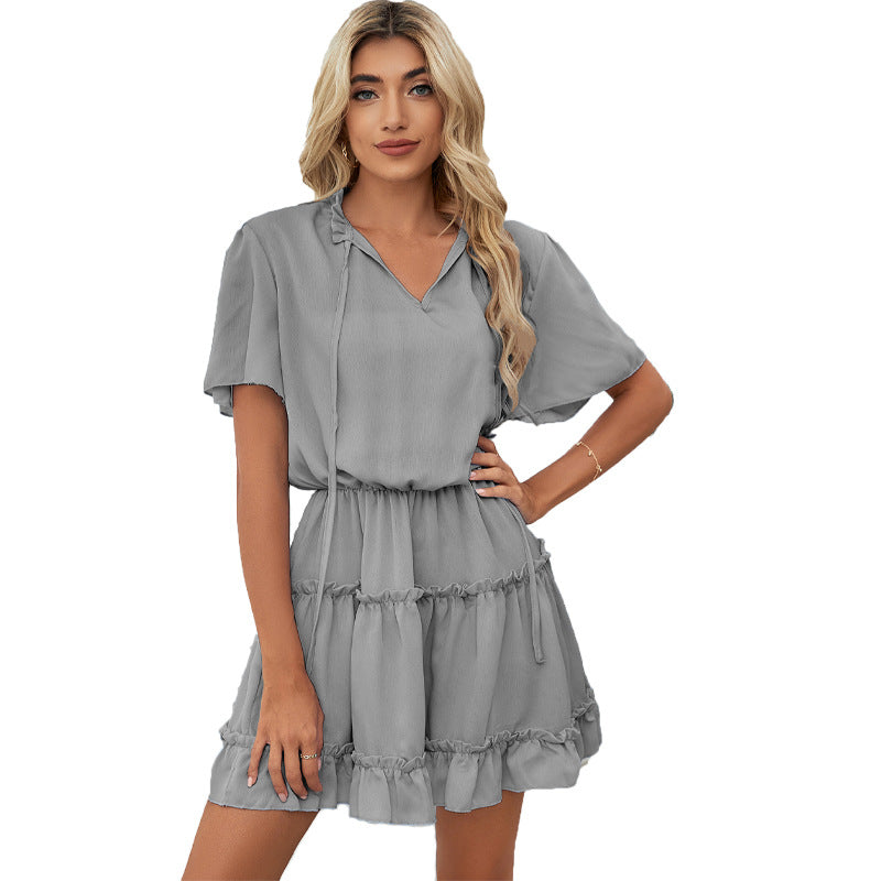 Short Sleeve Dress Women's Ruffled V-neck