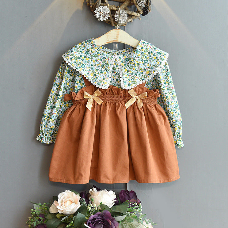 Girls Floral Shirt Suspender Skirt Two-piece Suit