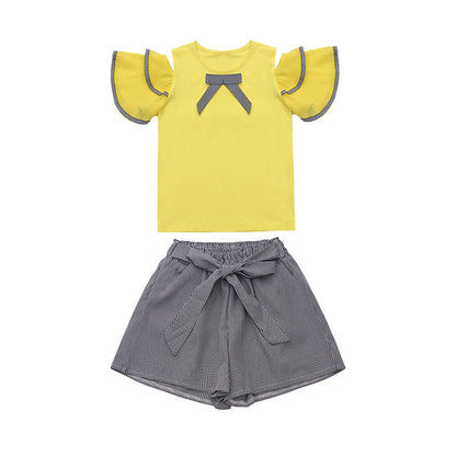 Girls' Suit New Style Off-shoulder Short-sleeved Shorts Suit