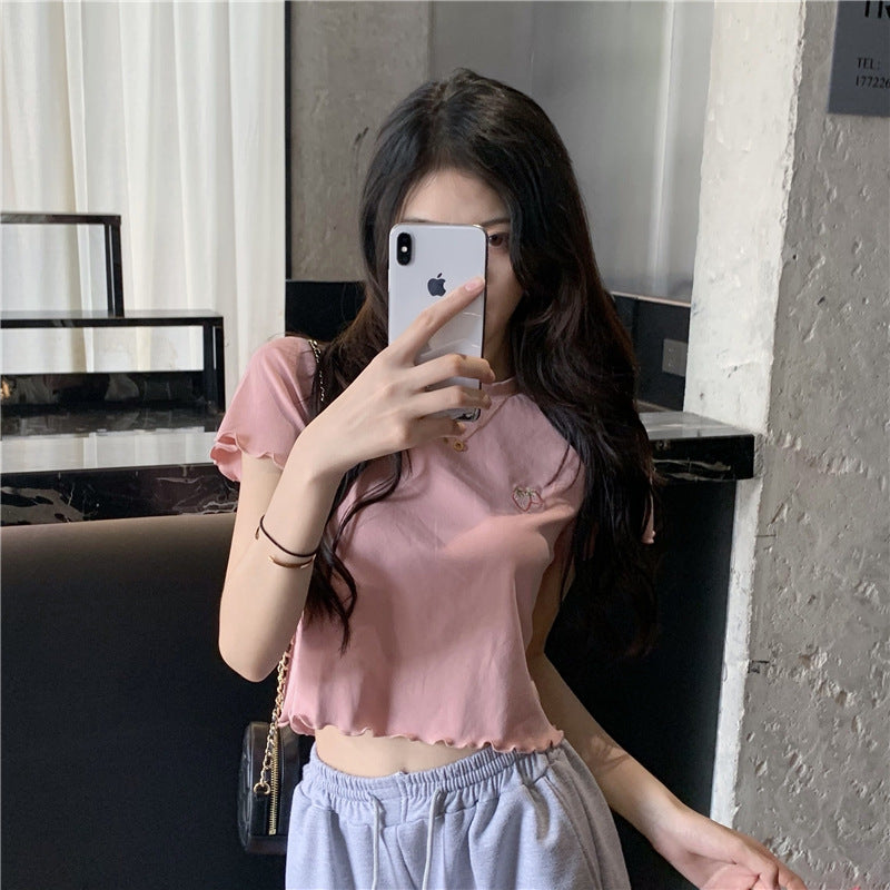 Short Sleeve Embroidered Wooden Ear Slim T-shirt