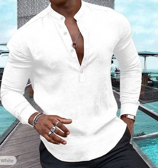 Chemise pour hommes décontractée à manches longues couleur unie coton lin Henley haut