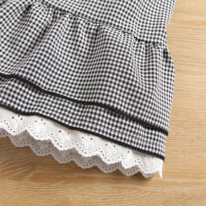 Girls Long Sleeve Knitted Lace Collar Top  Plaid Lace Short Skirt With Hat Three-piece Suit