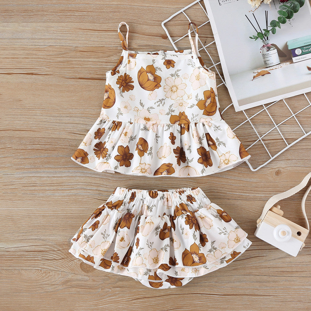 Printed Girls' Ruffled Suspender Shorts Two-piece Set