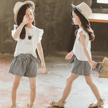 Children's Clothing Girls Suit Short-sleeved Two-piece Korean-style Bow Check Shorts