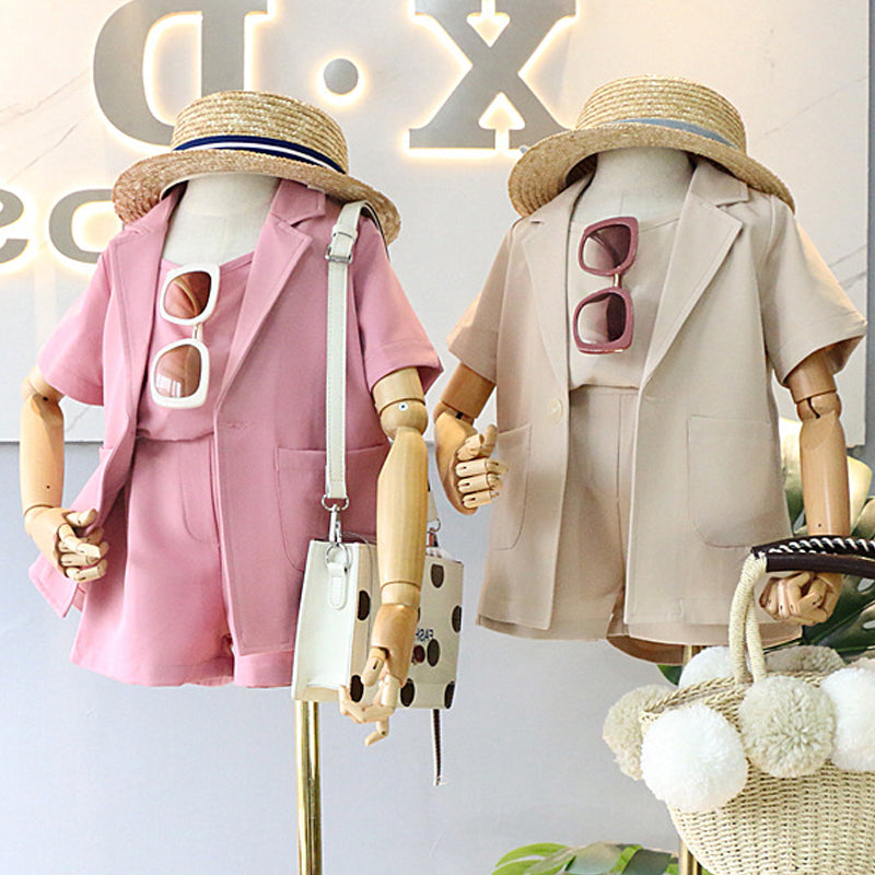 Spring And Summer Short-sleeved Thin Chiffon Jacket Shorts Vest Baby Three-piece Suit