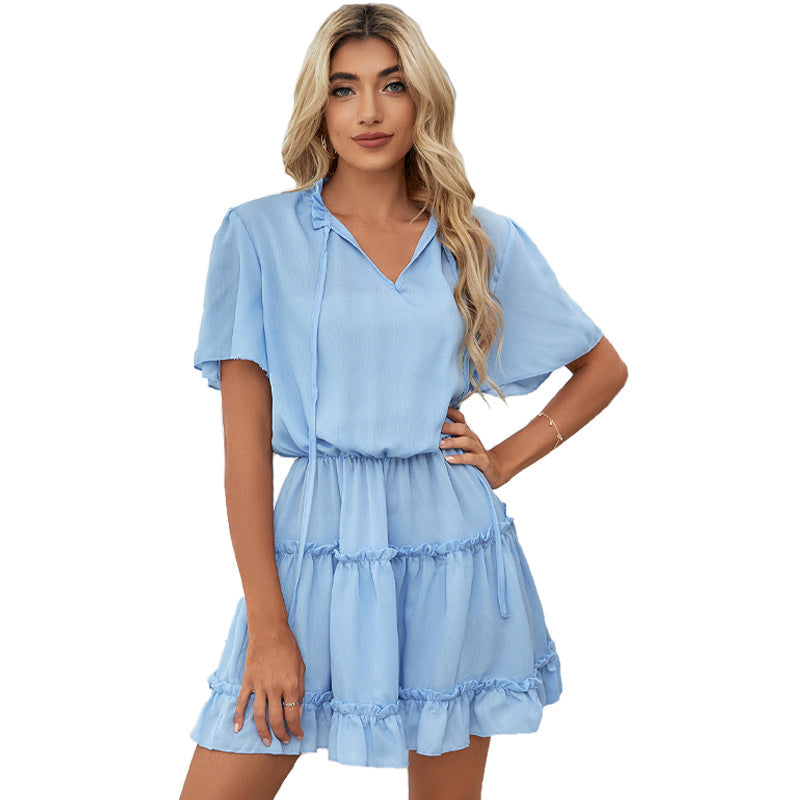 Short Sleeve Dress Women's Ruffled V-neck