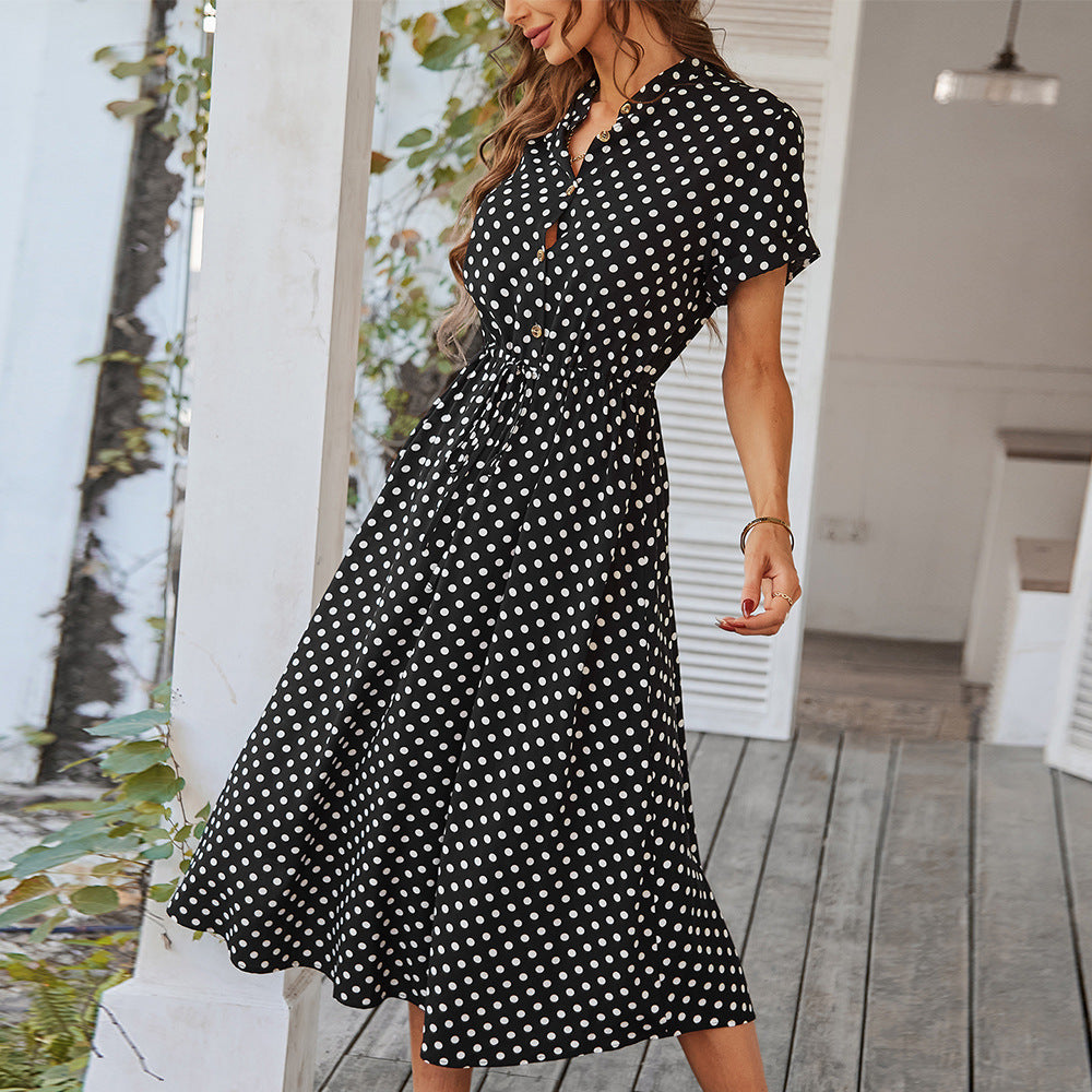 Polka Dot Print Shirt Collar Large Swing Dress