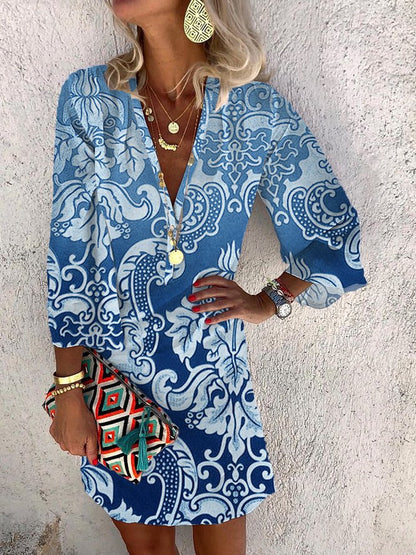 Summer V-neck Hanging Long Sleeve Printed Beach Bohemian Style Short Loose Dress Women