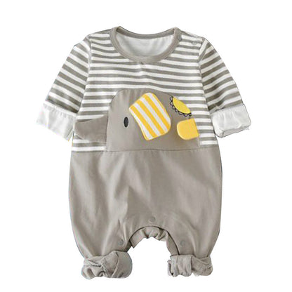 Infant Crew Neck Striped Elephant Print Romper