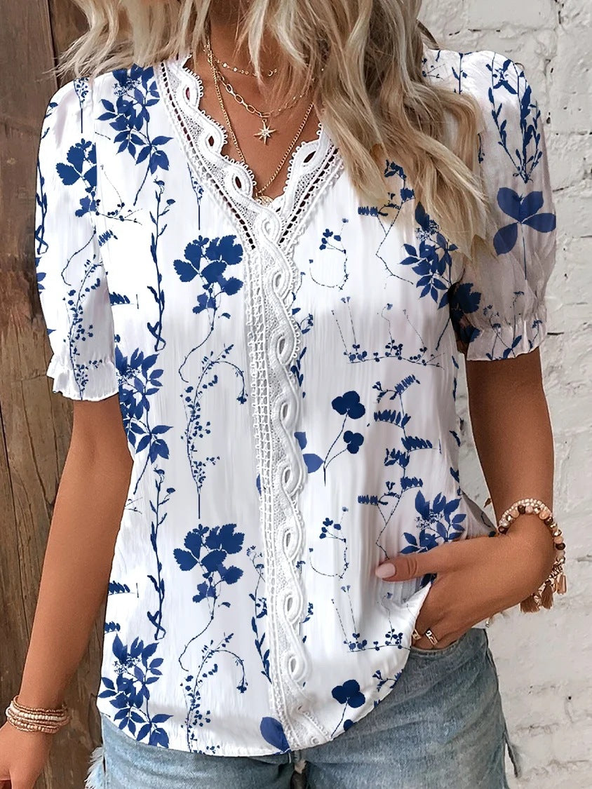 Summer V-neck Lace Stitching Printing Shirt For Women