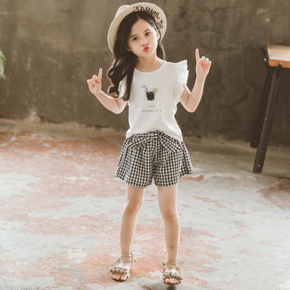 Children's Clothing Girls Suit Short-sleeved Two-piece Korean-style Bow Check Shorts