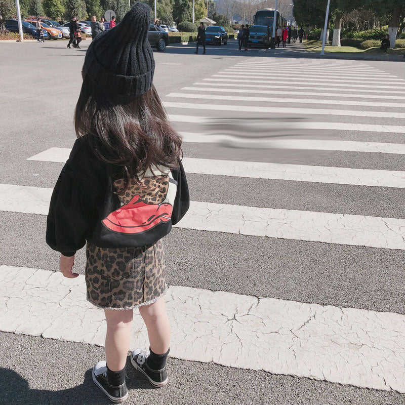 Costume pour filles, T-shirt de canard de dessin animé avec jupe imprimée léopard