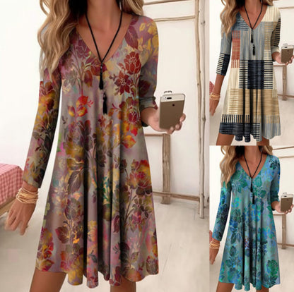 V-neck High Waisted Printed Sleeve Loose Fitting Dress