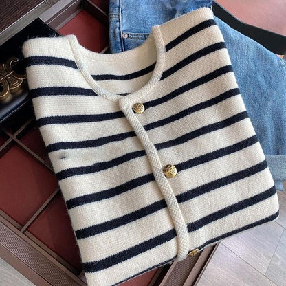 Black And White Striped Knitted Cardigan Women's Outer Wear Cropped Sweater Coat