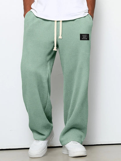 Waffle Straight Pants Fashion Brand Loose Loose  Drawstring Pockets Trousers Casual Men's Clothing